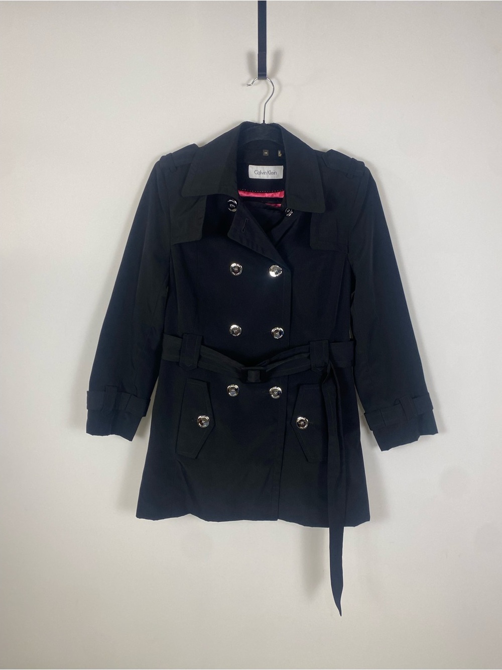 Calvin Klein Black Double Breasted Trench Coat Pink Satin Lining Size XS
